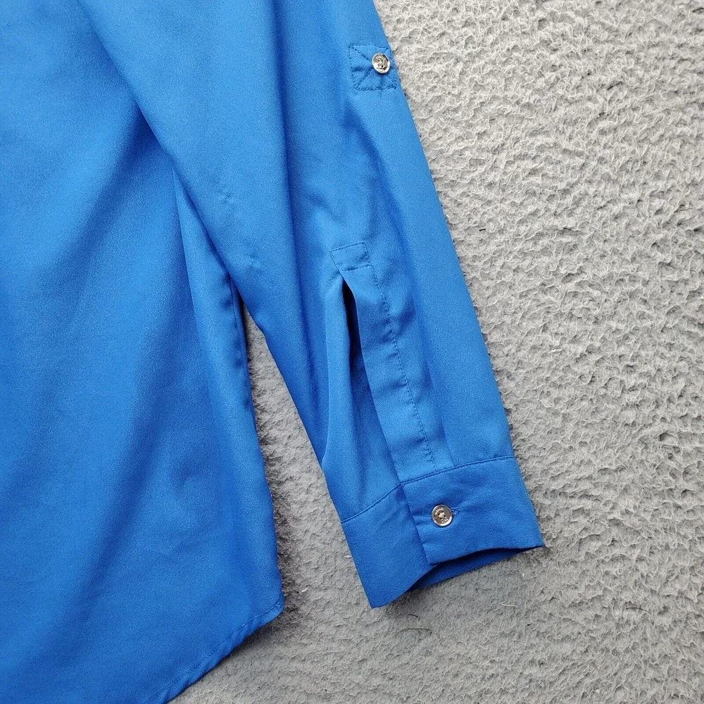 Michael Kors Blouse Top Womens Large Blue Pleated Roll Tab‎ Long Sleeve 1/2 Zip
